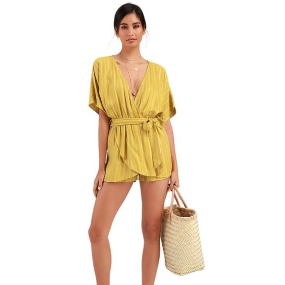 Lulu's Women's Size Medium Climb Aboard Mustard Yellow Striped Romper Belted - Picture 1 of 6